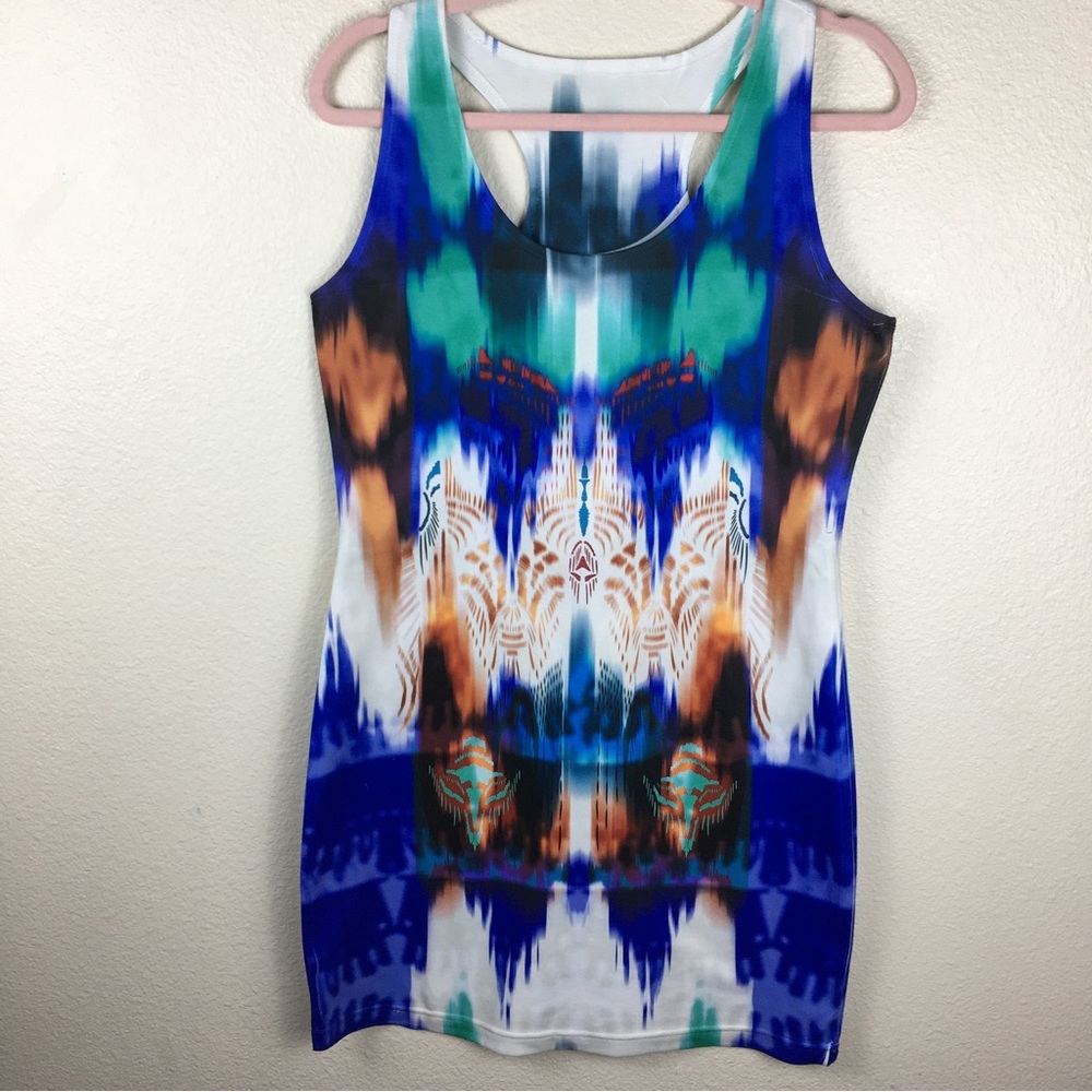 Women's Bold Blue Green Beige Print Racerback Tank Mini Bodycon Dress Size M